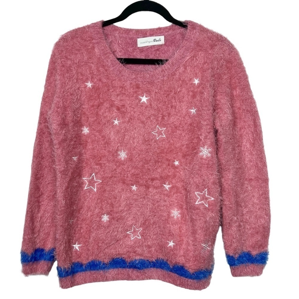 Dailo Pink Fuzzy Fur Star Print Sweater Approx Medium
